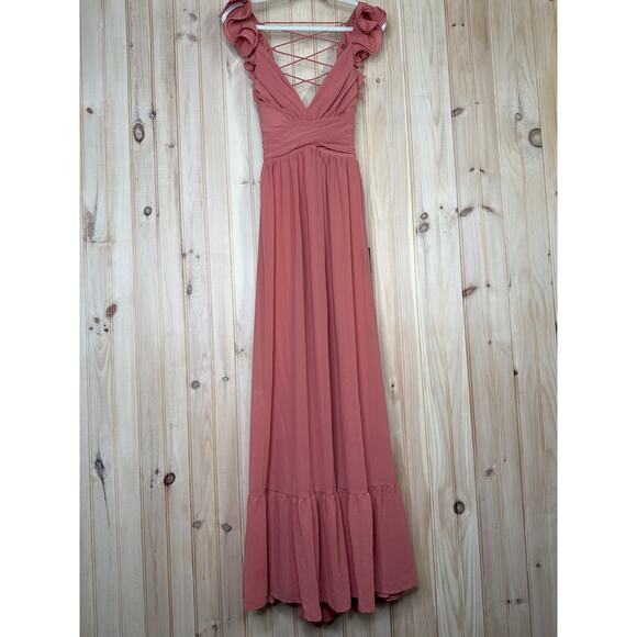 NWT Lulus Soiree Celebration Rusty Rose Ruffled Lace-Up Maxi Dress Bridesmaid S - Picture 2 of 9